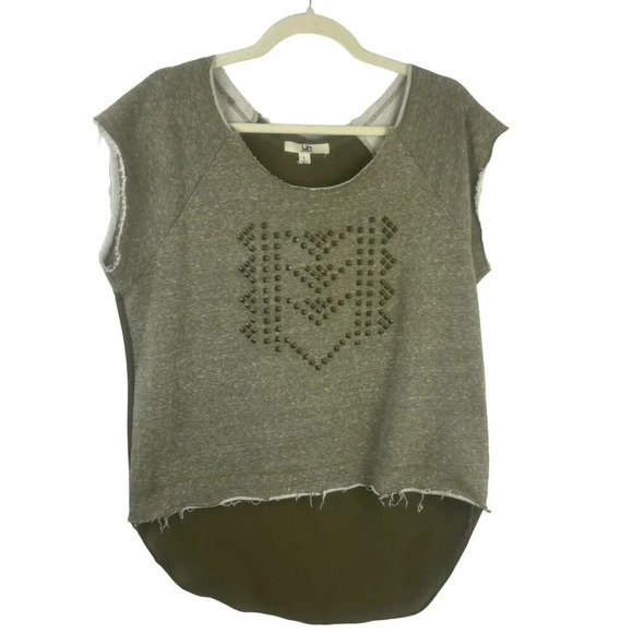Ya Los Angeles Shirt Women Large Green Cut Off Sweatshirt Sheer Studded Distress - Picture 1 of 6